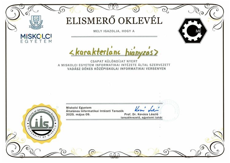 Különdíj a Vadász Dénes Informatikai Versenyen