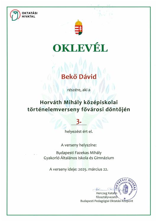 Bronzérem a Horváth Mihály középiskolai történelemversenyen