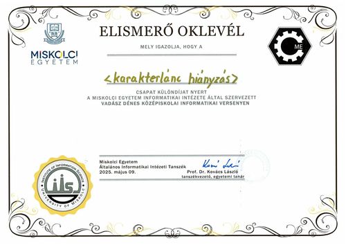 Különdíj a Vadász Dénes Informatikai Versenyen