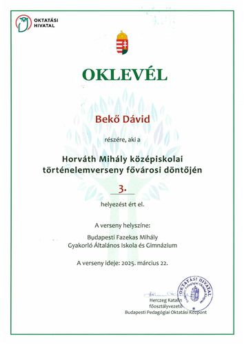 Bronzérem a Horváth Mihály középiskolai történelemversenyen